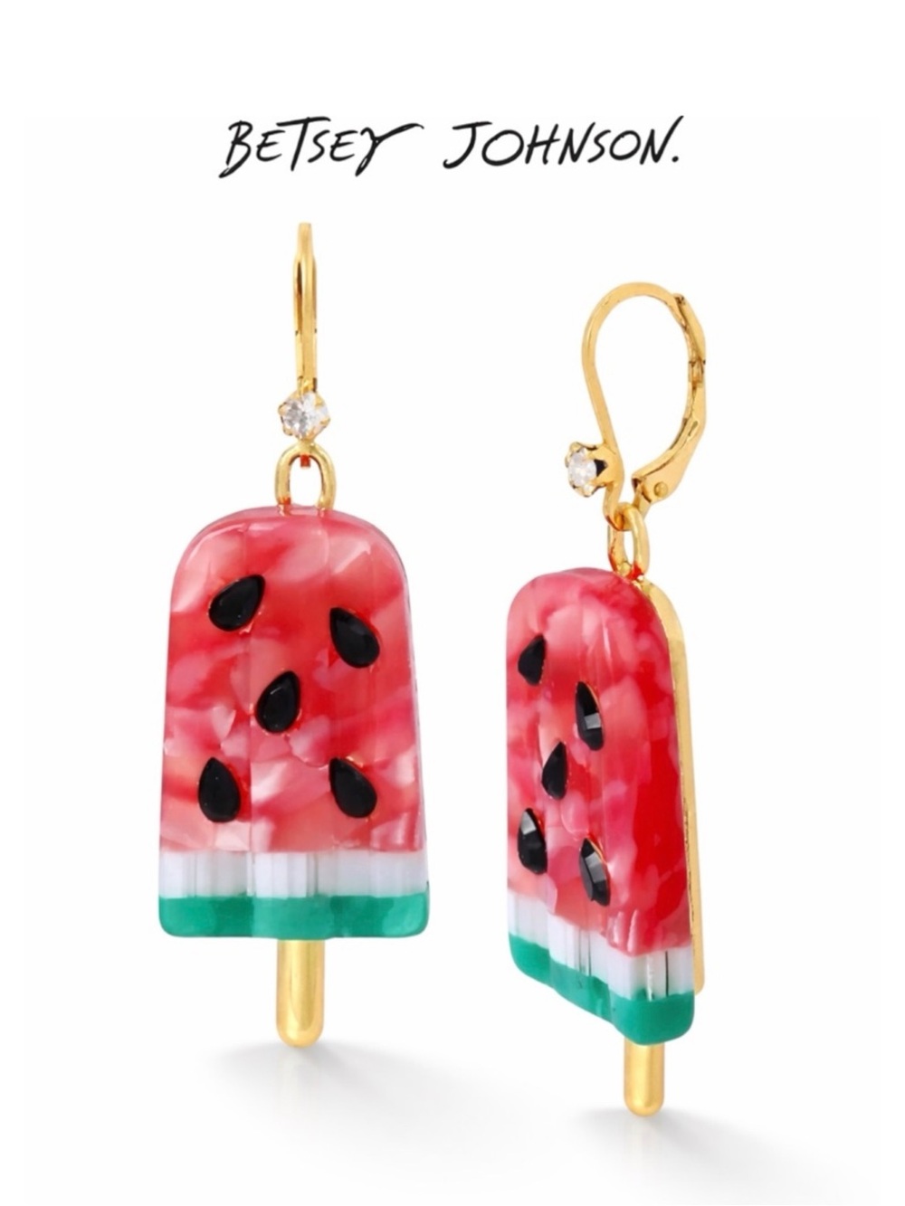 Betsey Johnson Watermelon Popsicle Dangle Earrings NWT Crystal Y2K